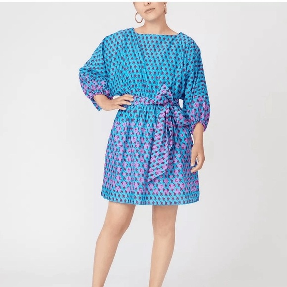 J. CREW Dolman-sleeve mini dress in layered block print Monaco Blue Iris - Picture 2 of 7